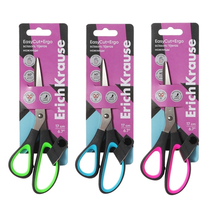 Ножницы ErichKrause EasyCut+ Ergo, 17 см, для левшей, эргономичные ручки, европодвес, МИКС Ножницы ErichKrause EasyCut+ Ergo, 17 см, для левшей, эргономичные ручки, европодвес, МИКС