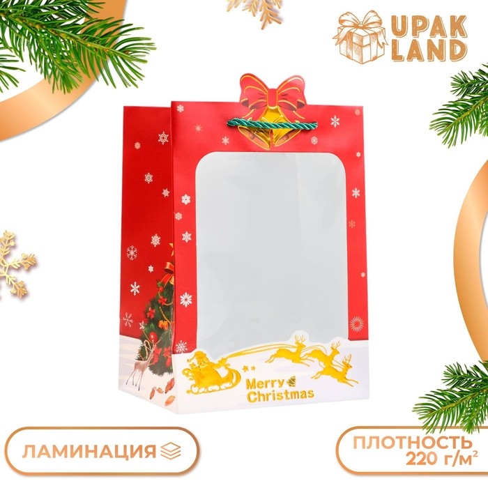 Пакет подарочный новогодний с окном Пакет подарочный новогодний с окном"Рождественский звон", тиснение, 18 х 25 х 13 см.