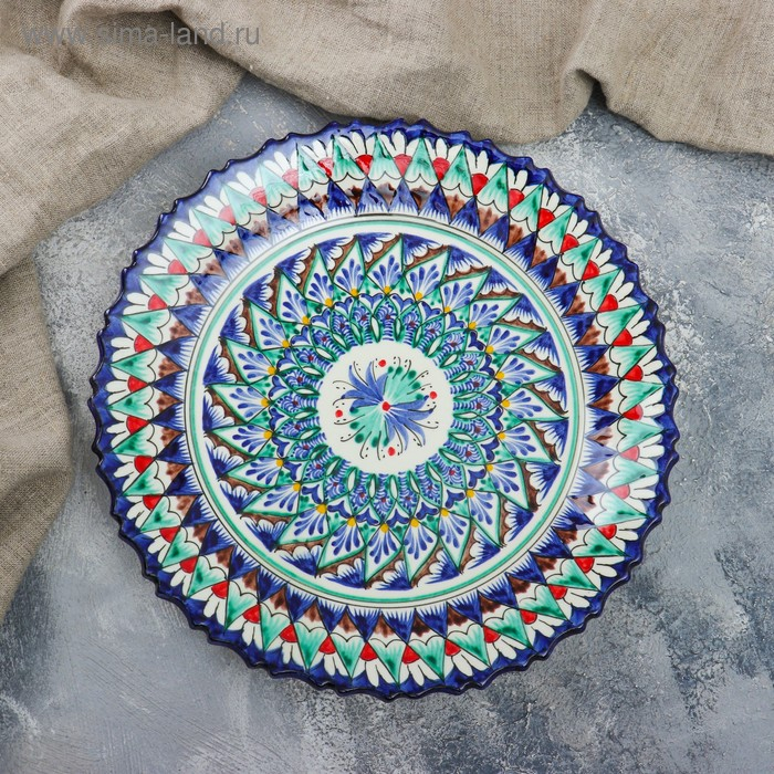 Тарелка Риштанская Керамика Тарелка Риштанская Керамика "Цветы", синяя, рельефная, 27см