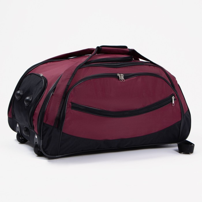 Сумка дорожная на колёсах, отдел на молнии, отдел для обуви, 3 наружных кармана, длинный ремень, цвет чёрный/бордовый Сумка дорожная на колёсах, отдел на молнии, отдел для обуви, 3 наружных кармана, длинный ремень, цвет чёрный/бордовый