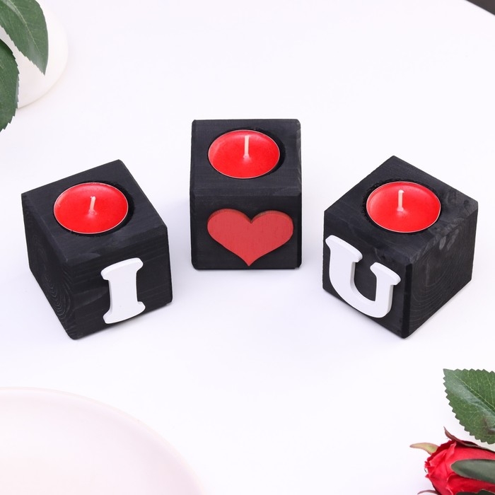 Подсвечник для интерьера  Подсвечник для интерьера "Люблю тебя", цвет: "Эбен", 3 штуки, 6х6х6 см, аромат клубники