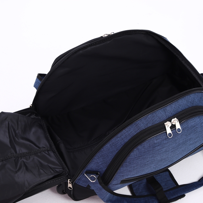 Сумка дорожная на колёсах, отдел на молнии, отдел для обуви, 3 наружных кармана, цвет чёрный/синий Сумка дорожная на колёсах, отдел на молнии, отдел для обуви, 3 наружных кармана, цвет чёрный/синий