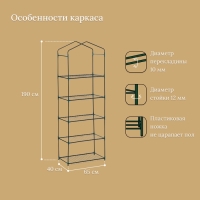 Стеллаж для рассады, 5 полок, 190 × 40 × 65 см, металлический каркас d = 12 мм, без чехла, Greengo