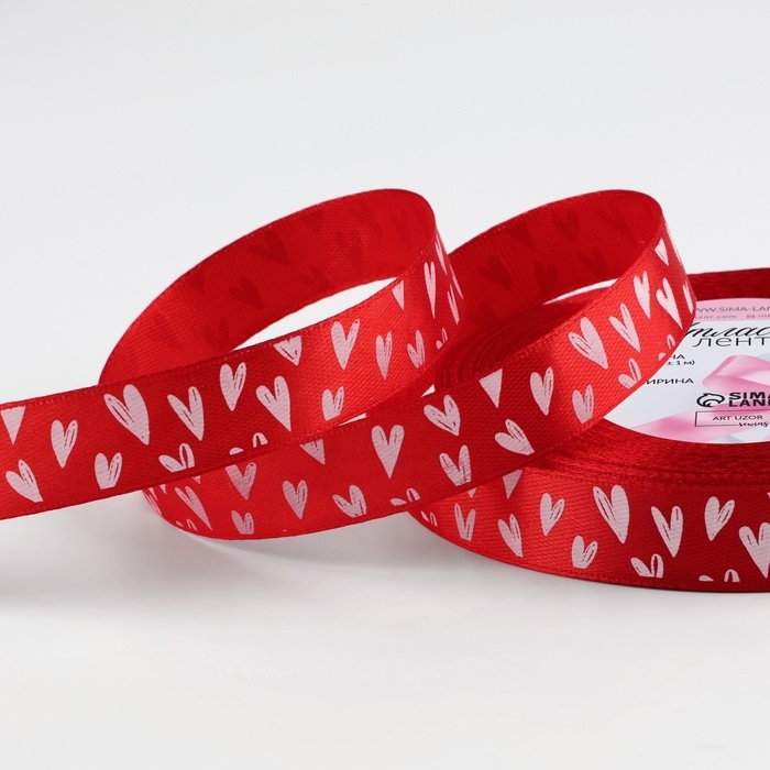 Лента атласная «Сердечки», 15 мм × 23 ± 1 м, цвет красный №33 Лента атласная «Сердечки», 15 мм × 23 ± 1 м, цвет красный №33