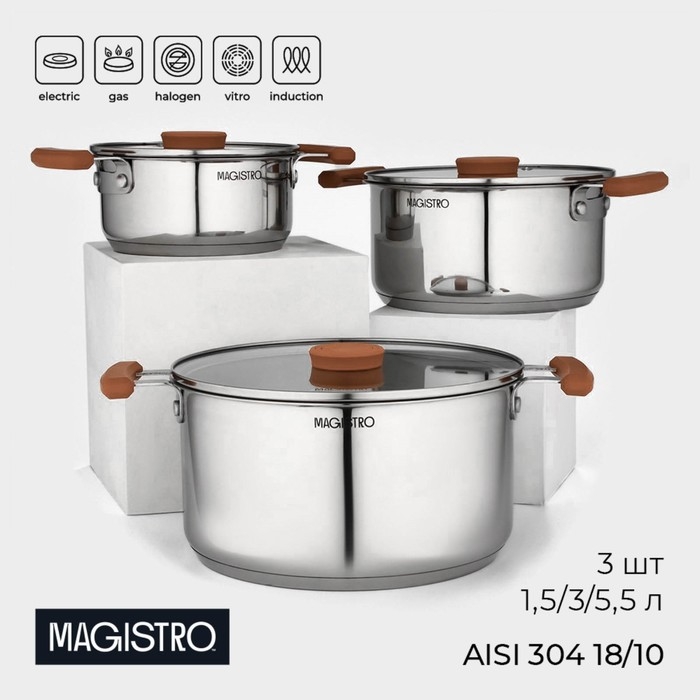 Набор кастрюль из нержавеющей стали Magistro, 3 шт: d=16/20/24 см, штабелируемые, индукция Набор кастрюль из нержавеющей стали Magistro, 3 шт: d=16/20/24 см, штабелируемые, индукция