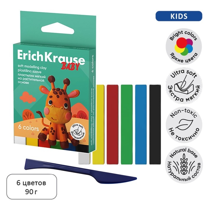 Пластилин мягкий 6 цветов, 90 г, ErichKrause Пластилин мягкий 6 цветов, 90 г, ErichKrause "Baby", на растительно основе, с Алоэ Вера , европодвес