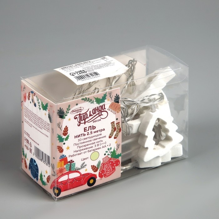 Гирлянда «Нить» 2.5 м с насадками «Ёлочка», IP20, прозрачная нить, 10 LED, батарейки AAх2 (не в комплекте), свечение тёплое белое Гирлянда «Нить» 2.5 м с насадками «Ёлочка», IP20, прозрачная нить, 10 LED, батарейки AAх2 (не в комплекте), свечение тёплое белое