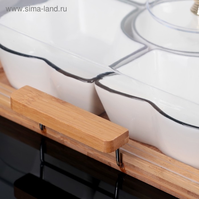 Набор салатников керамических с крышкой на деревянной подставке «Эстет. Квадрат», 5 предметов, 33×27,5×11 см, цвет белый Набор салатников керамических с крышкой на деревянной подставке «Эстет. Квадрат», 5 предметов, 33×27,5×11 см, цвет белый