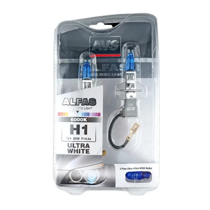 Газонаполненные лампы AVS ALFAS Pure-White 6000К H1 12V 85W, комплект 2+2 (W5W) шт.