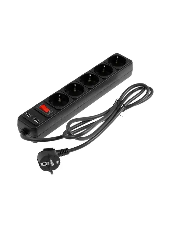 Сетевой фильтр TANGO, 5 гнезд с 2&times;USB, 1,8м, 10 А, 2200 Вт, с з/к, черный
