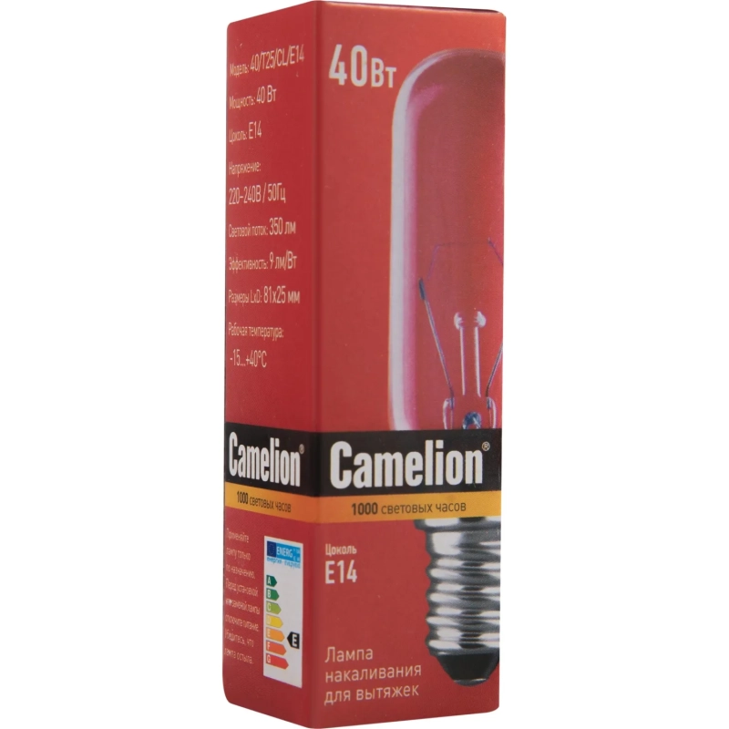 Лампа накаливания Camelion MIC 40/T25/CL/E14 40Вт Е14 для вытяжек (12984)