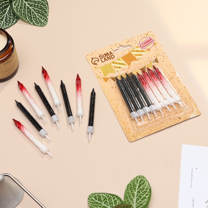 Свечи для торта Свечи для торта "Спираль", 6 шт, черные и градиент белый с красным