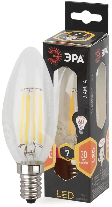 Лампа светодиодная декоративная LED 7 Вт 910Лм 2700К свеча, филамент теплый E14 230В F-LED B35-7W-827-E14