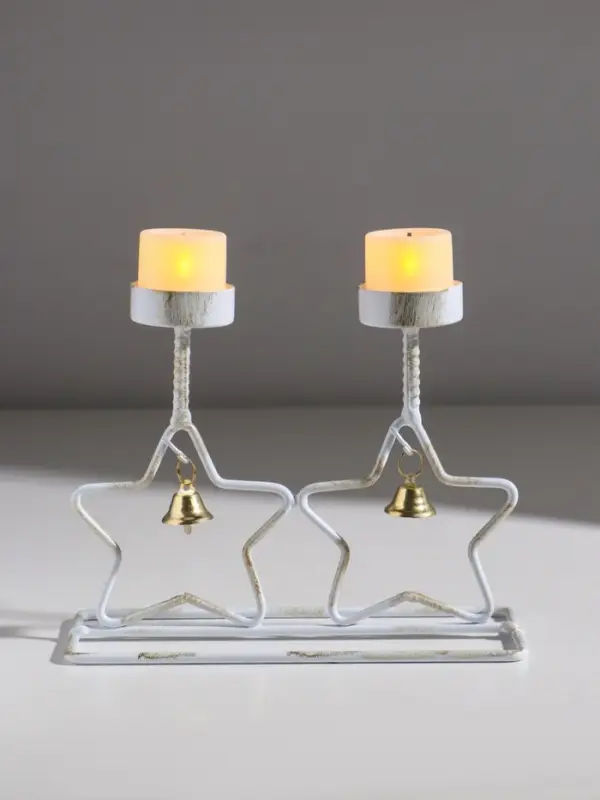 Подсвечник металл на 2 свечи  Подсвечник металл на 2 свечи "Две звезды" белый с патиной d=5 см 18,5х7,3х14,8 см