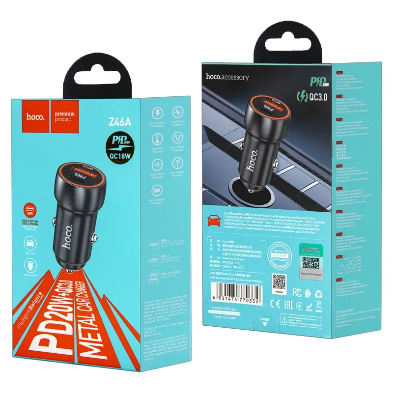 Переходник Z46А АЗУ на USB QC3.0 + Type-C PD20W HOCO серый Переходник Z46А АЗУ на USB QC3.0 + Type-C PD20W HOCO серый