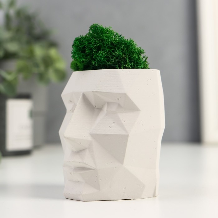 Кашпо бетонное  Кашпо бетонное "Голова" со мхом высота 8.5 см белое (мох зеленый стабилизированный)