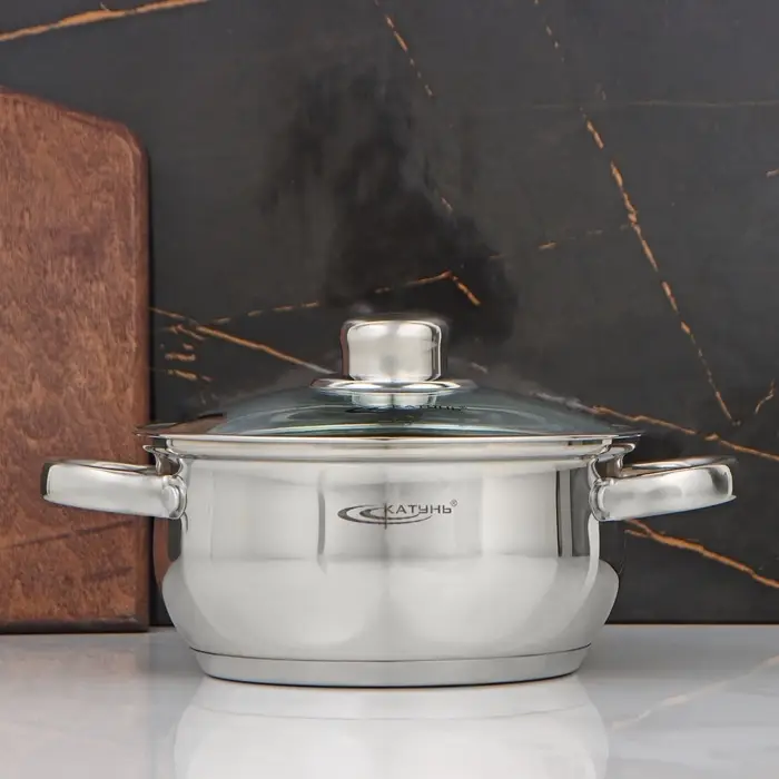 Кастрюля Катунь «Гретта», 2.2 л, d=18 см, с крышкой, капсульное дно, индукция, нержавеющая сталь, AISI - 201, хромированная Кастрюля Катунь «Гретта», 2.2 л, d=18 см, с крышкой, капсульное дно, индукция, нержавеющая сталь, AISI - 201, хромированная