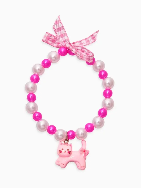 Браслет детский Браслет детский "Выбражулька" котик, бант, жемчуг, цвет бело-розовый