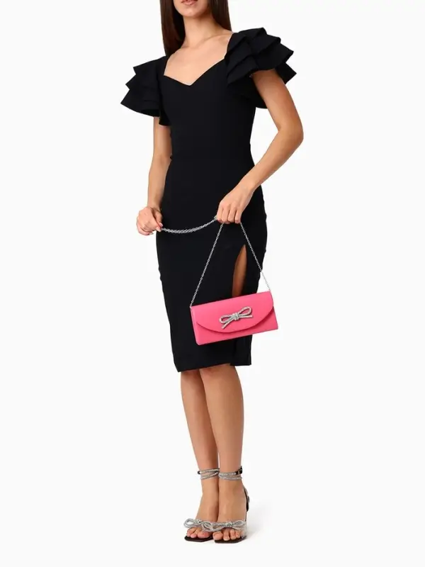 Сумка-клатч женская вечерняя на магните, на длинной цепочке, с декоративным бантом, розовая