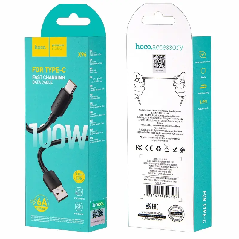 Кабель USB на Type-C 1M 6A 100W X96 HOCO черный