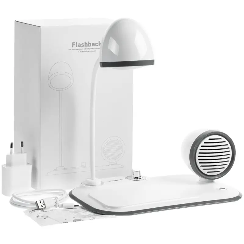 Лампа с колонкой и беспроводной зарядкой Flashback, белая Лампа с колонкой и беспроводной зарядкой Flashback, белая