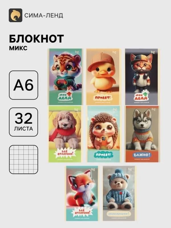 Блокнот А6 BG &laquo;Милые пушистики&raquo;, 32 листа в клетку, на скрепке, МИКС