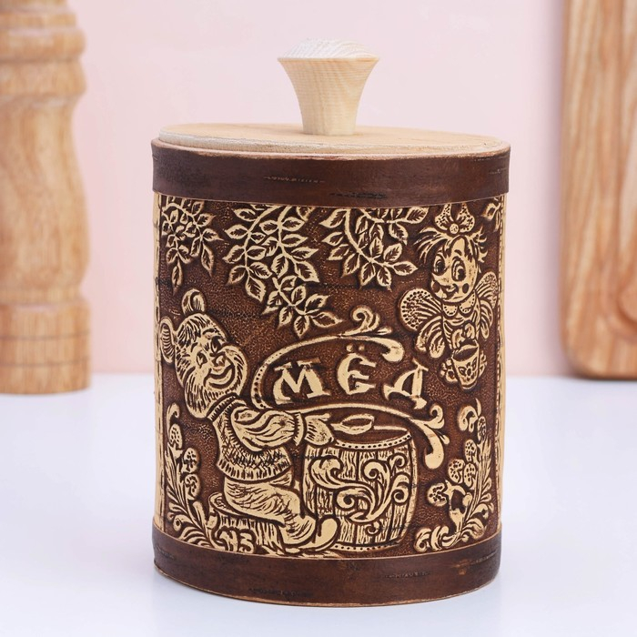 Туес  &laquo;Мишка с пчелкой&raquo;, 11&times;11&times;12 см, береста