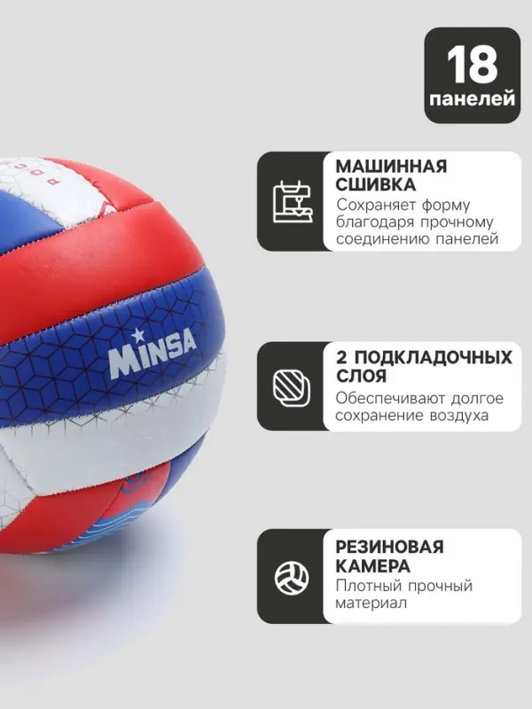 Волейбольный мяч MINSA &laquo;РОССИЯ&raquo;, машинная сшивка, 18 панелей, р. 5, PVC