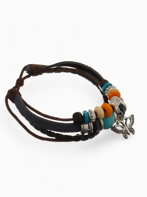 Браслет кожаный с подвеской &laquo;Бабочка и Бусины&raquo;, d=5 см, 3 нити, разноцветный