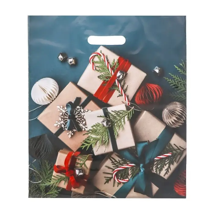 Пакет Пакет "Подарки на зеленом", глянец полиэтиленовый с вырубной ручкой, 38х45 см, 60 мкм