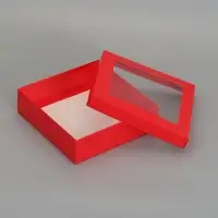 Коробка складная, крышка-дно,с окном, красная, 23 х 23 х 6,5 см