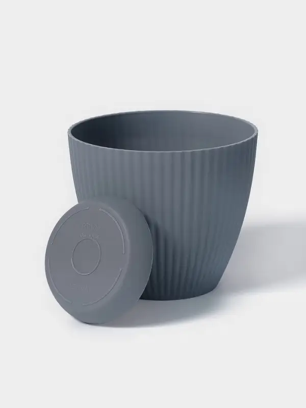 Горшок для цветов Ribbed, 1 л, d=13.5 см, h=12 см, пластиковый, с поддоном, серый