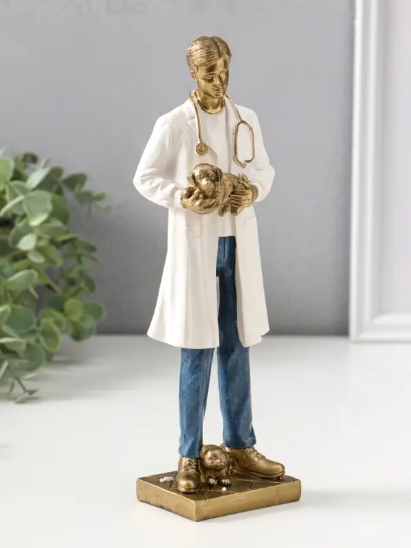 Сувенир полистоун "Мужчина-ветеринар в белом халате с щенком" 25,5 см