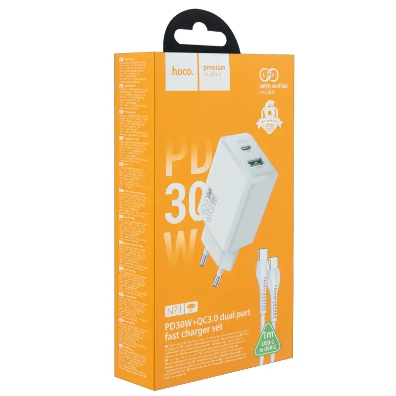 Сетевое зарядное устройство с кабелем Type-C на Type-C PD30W + USB QC3.0 N71 HOCO белое