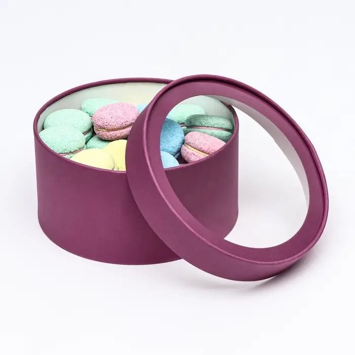 Подарочная коробка круглая, сливовая, завальцованная с окном, 21&times;11 см