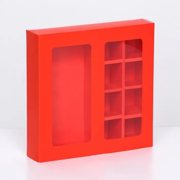 Коробка для 8 конфет + шоколад, с окном, алая, 17.7&times;17.7&times;3.8 см