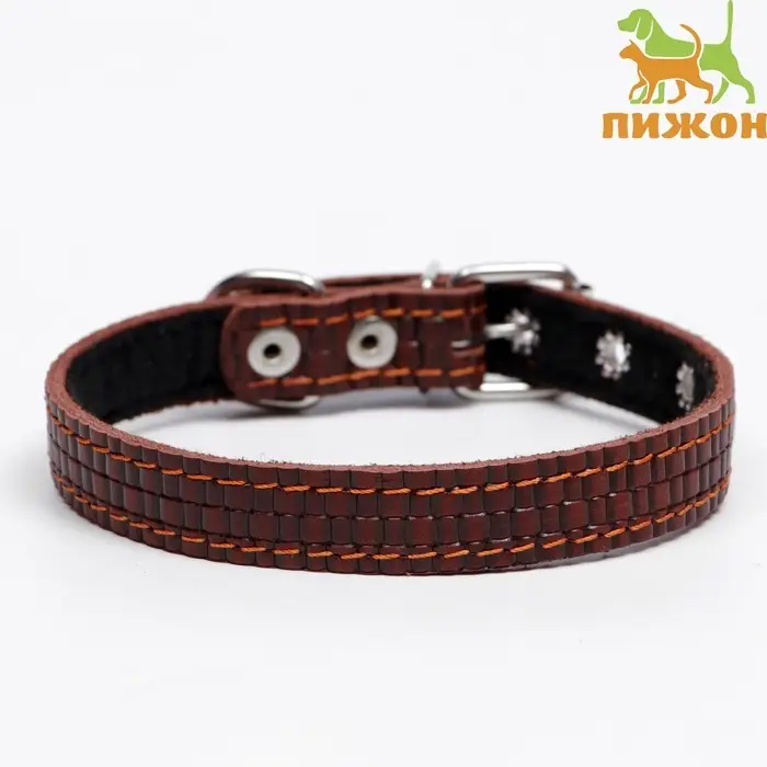 Ошейник кожаный с тиснением на синтепоне, 46&times;2 см, ОШ 25-35 см, коричневый