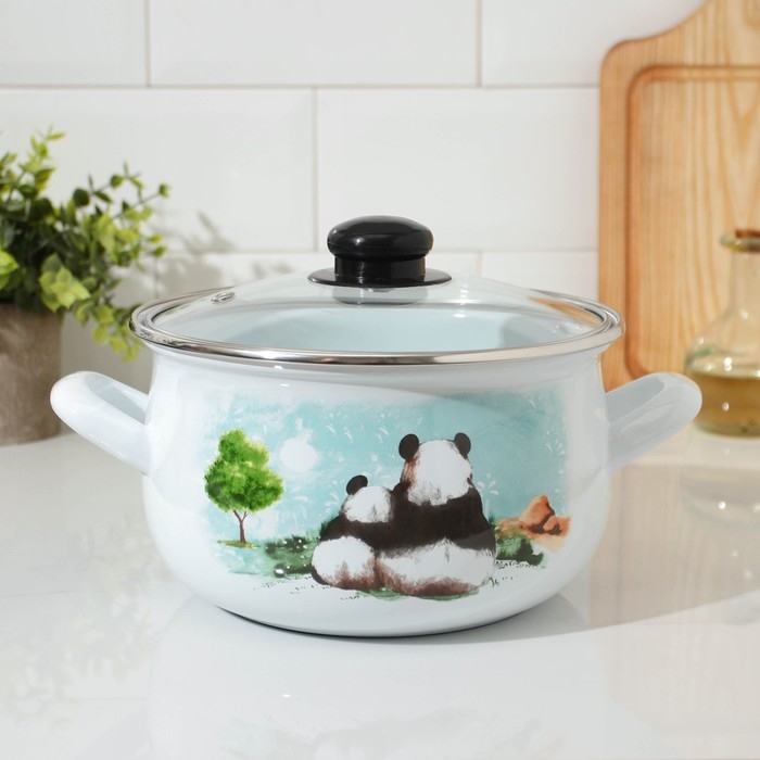 Кастрюля эмалированная «Панды», 3,1 л, стеклянная крышка, индукция Кастрюля эмалированная «Панды», 3,1 л, стеклянная крышка, индукция