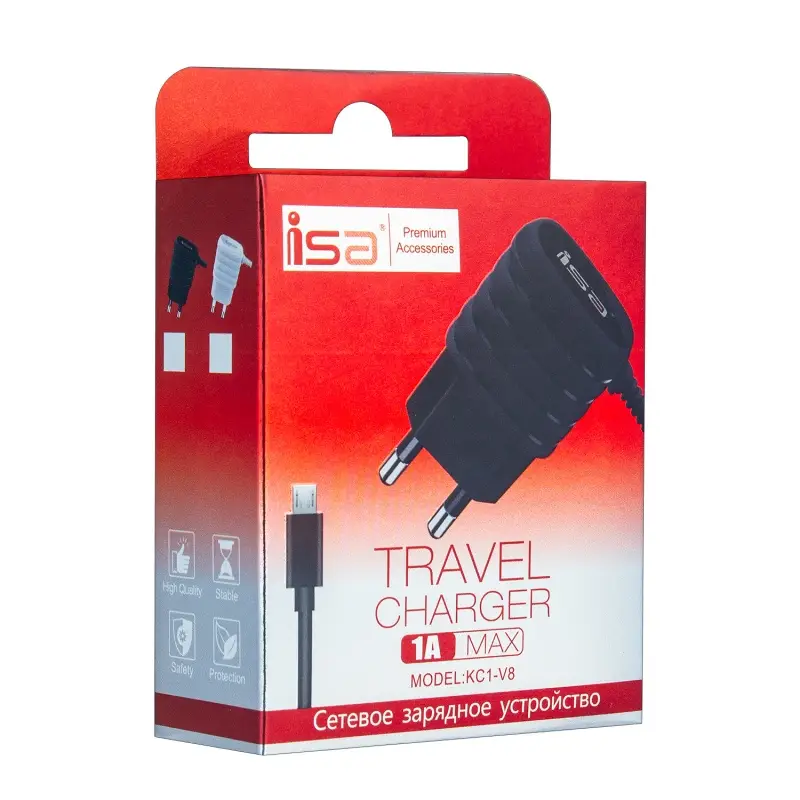 Сетевое зарядное устройство с кабелем MicroUSB 1A KS1-V8 ISA черное
