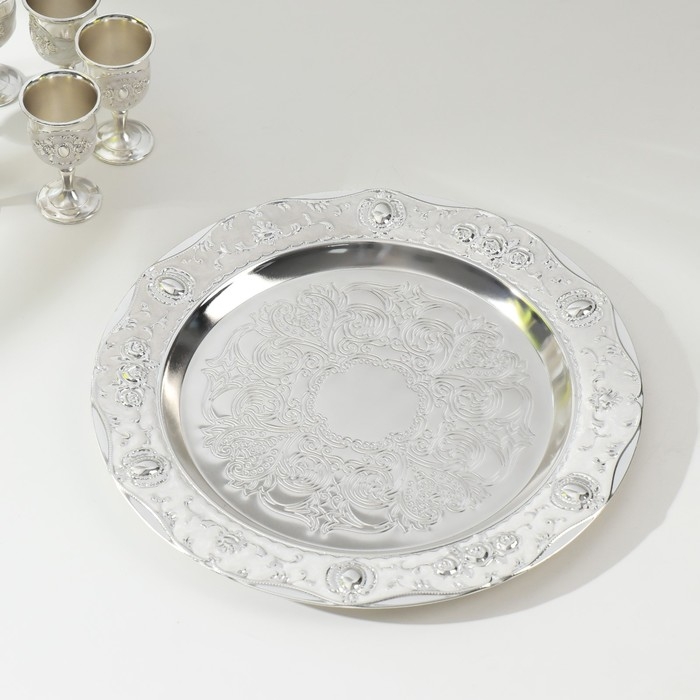 Набор винный кувшин, 6 бокалов и поднос  Набор винный кувшин, 6 бокалов и поднос "Стамбул. Медальон и розы" белый перламутр серебро