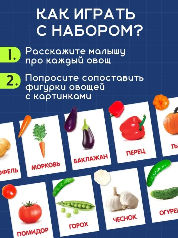 Обучающий набор по методике Г. Домана &laquo;Овощи&raquo;: 9 карточек + 9 овощей, счётный материал