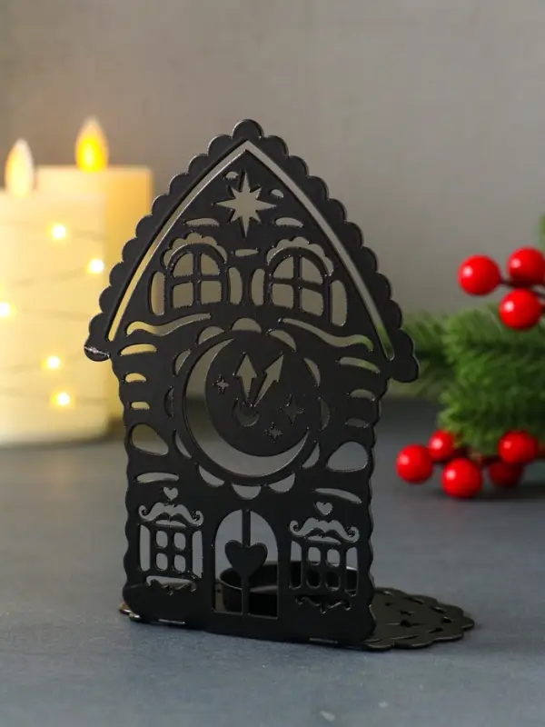 Подсвечник новогодний  Подсвечник новогодний "Домик с часами" чёрный 6,7х10х13,5 см