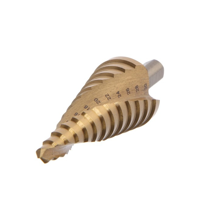 Сверло ступенчатое ТУНДРА ПРОФИ, HSS, TiN, спиральный профиль, трехгран. хвостовик, 6-30 мм Сверло ступенчатое ТУНДРА ПРОФИ, HSS, TiN, спиральный профиль, трехгран. хвостовик, 6-30 мм