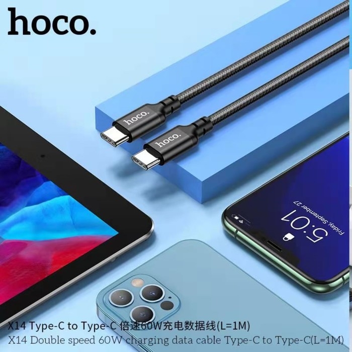 Кабель Hoco X14, Type-C - Type-C, 60 Вт, 3 А, 1 м, передача данных, оплётка нейлон, чёрный Кабель Hoco X14, Type-C - Type-C, 60 Вт, 3 А, 1 м, передача данных, оплётка нейлон, чёрный