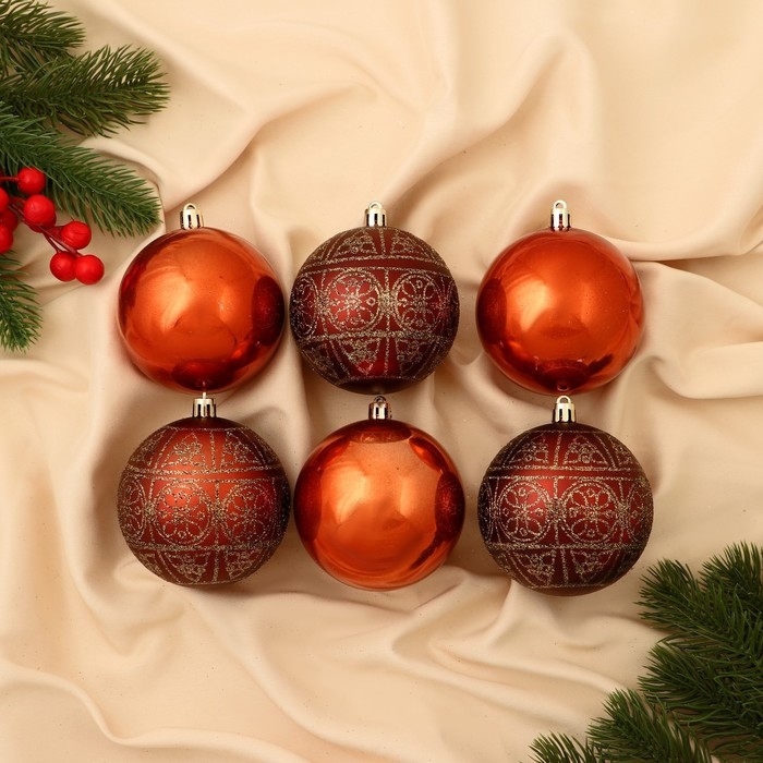 Набор шаров пластик d-7,5 см, 6 шт Набор шаров пластик d-7,5 см, 6 шт "Морозная росшивь" орнамент, коричневый