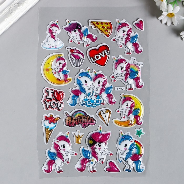 Наклейка пластик объёмные Наклейка пластик объёмные "Единороги" МИКС 28х15 см