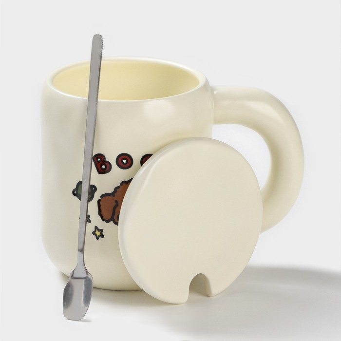 Кружка керамическая с ложкой &laquo;Мишка&raquo;, 450 мл, цвет бежевый