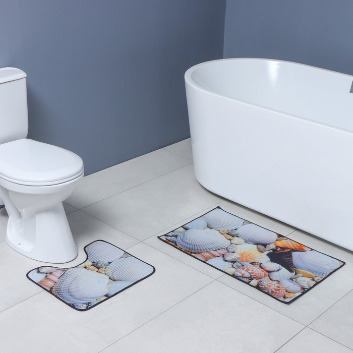 Коврики для ванной и туалета Доляна «Ракушки», 2 шт: 40×45 см, 45×75 см