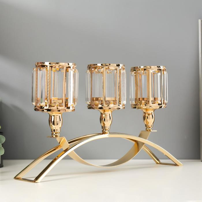 Подсвечник металл, стекло на 3 свечи Подсвечник металл, стекло на 3 свечи "Кристаллы - грани" золото 22,5х41х8 см