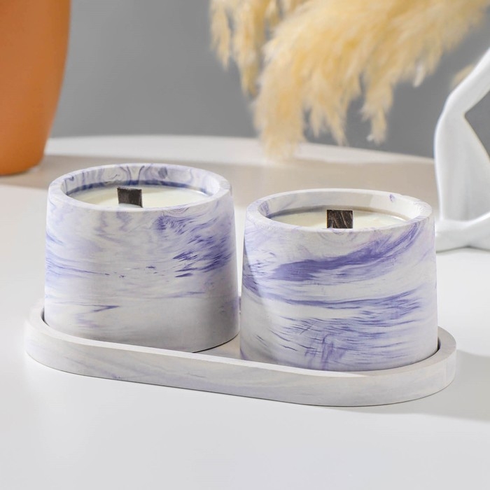 Свечи в бетоне на подставке  Свечи в бетоне на подставке "Лофт", соевый воск, деревянный фитиль, бело-фиолетовая